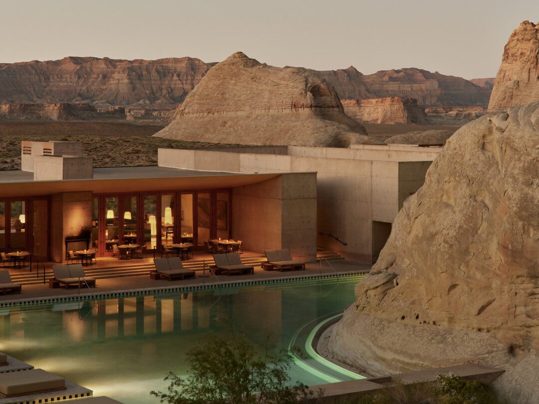 Desert mesas and canyon views surrounding Amangiri's pool, Colorado Plateau